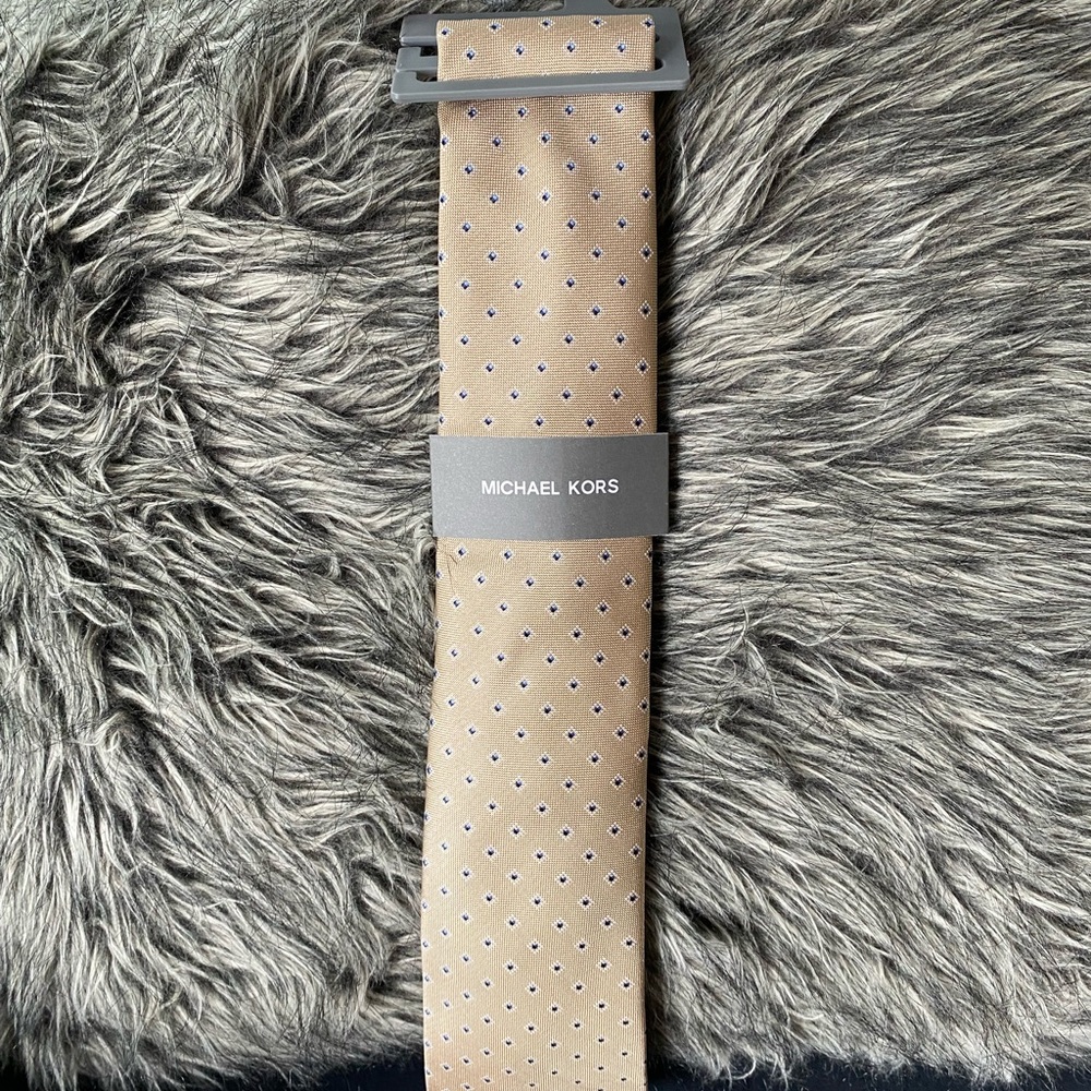 NWT authentic MK Tie Silk Poly tan Blue - Picture 2 of 5